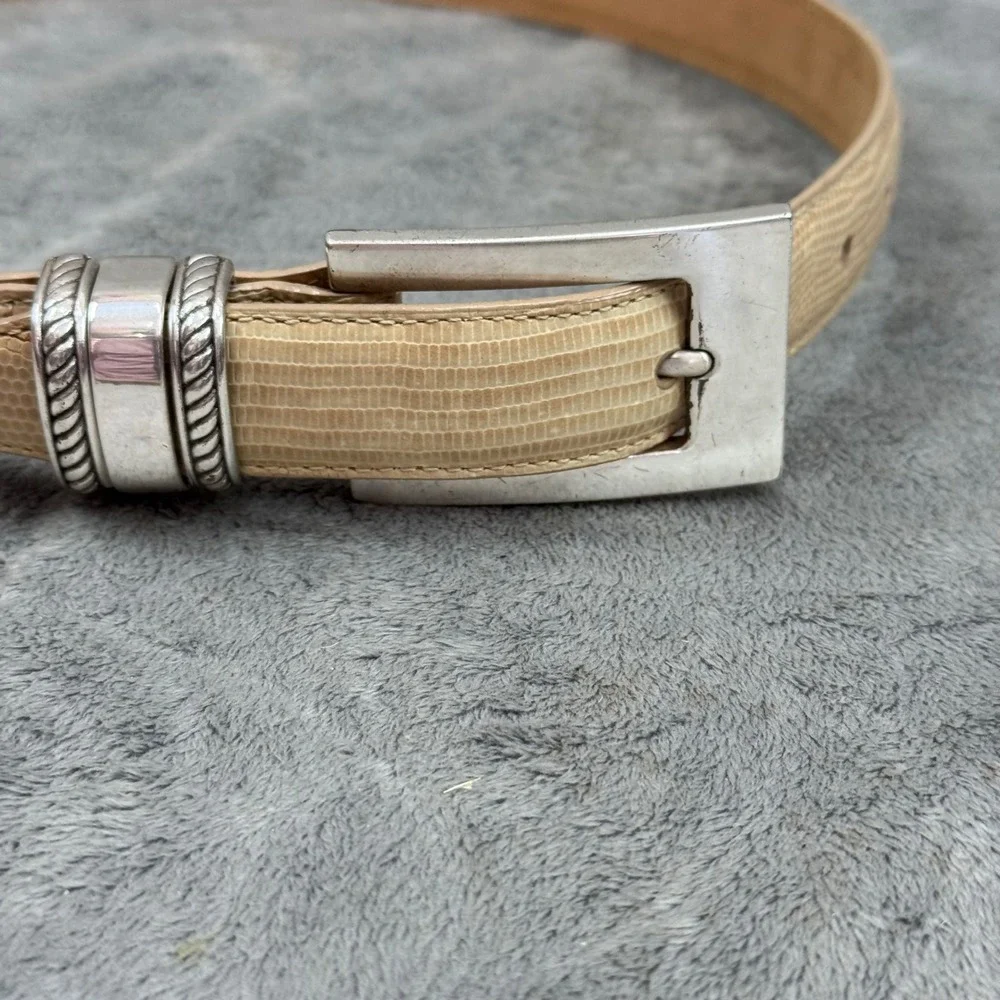 Brighton Lizard‎ Embossed Leather Belt Womens 28 Beige Excellent Silver Buckle